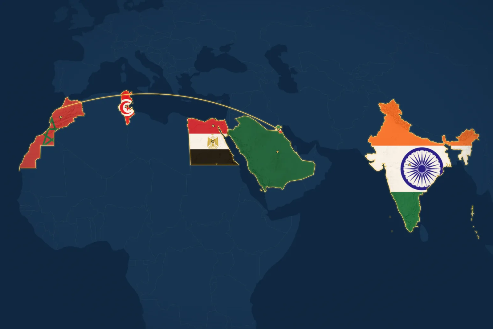 خريطة رحلة عبد العزيز بن مرزوق الطريفي: الكويت، الرياض، الهند، مصر، تونس، المغرب، القاهرة، ثم الطريق إلى الدار البيضاء
