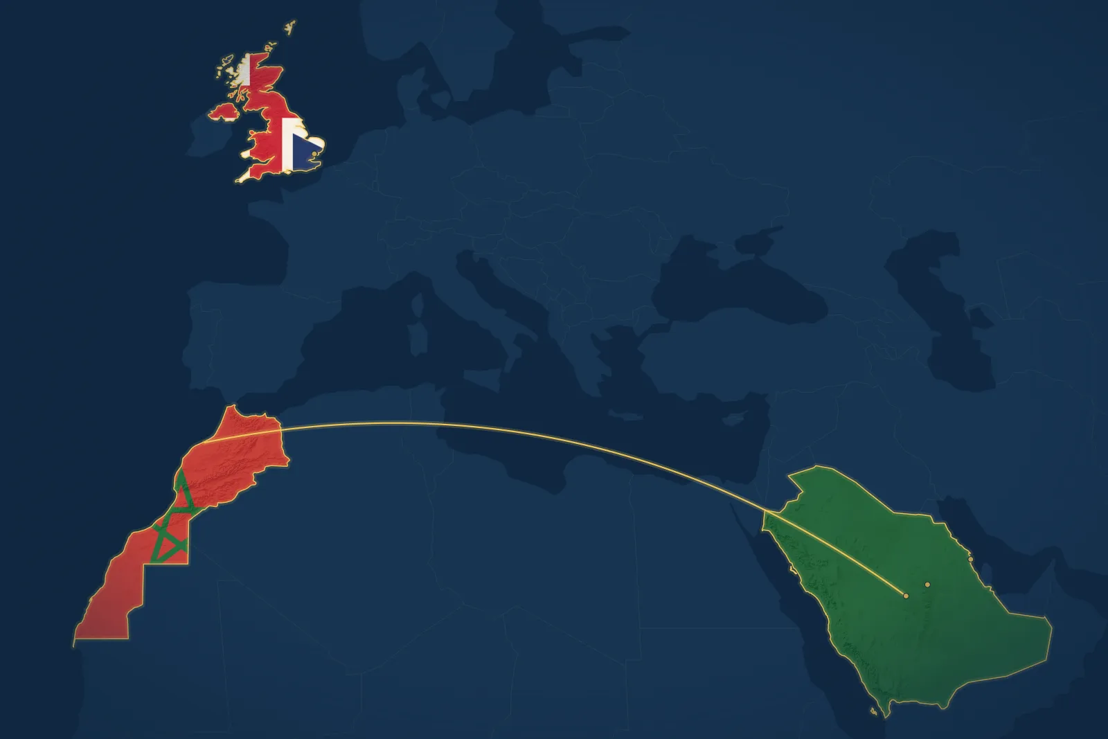 خريطة رحلة إبراهيم بن عمر السكران: السعودية، الظهران، الرياض، كولشستر، ثم الطريق إلى الدار البيضاء