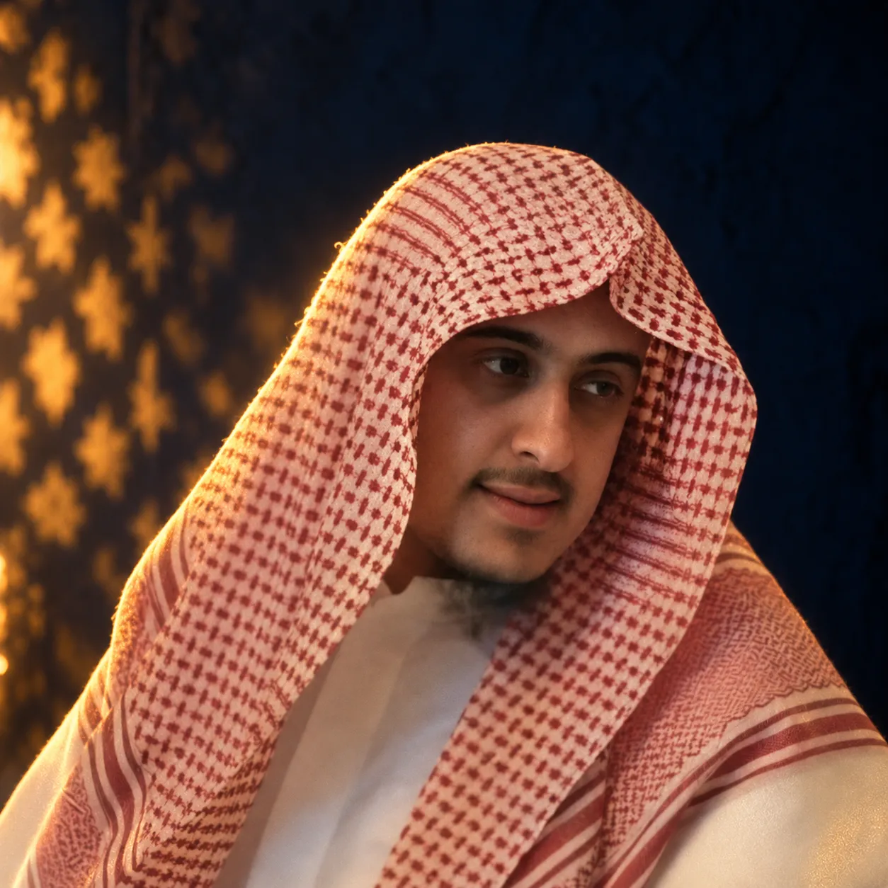 صورة إبراهيم بن عمر السكران بالشماغ الأحمر والثوب الأبيض، وخلفه نقوشٌ مضاءة